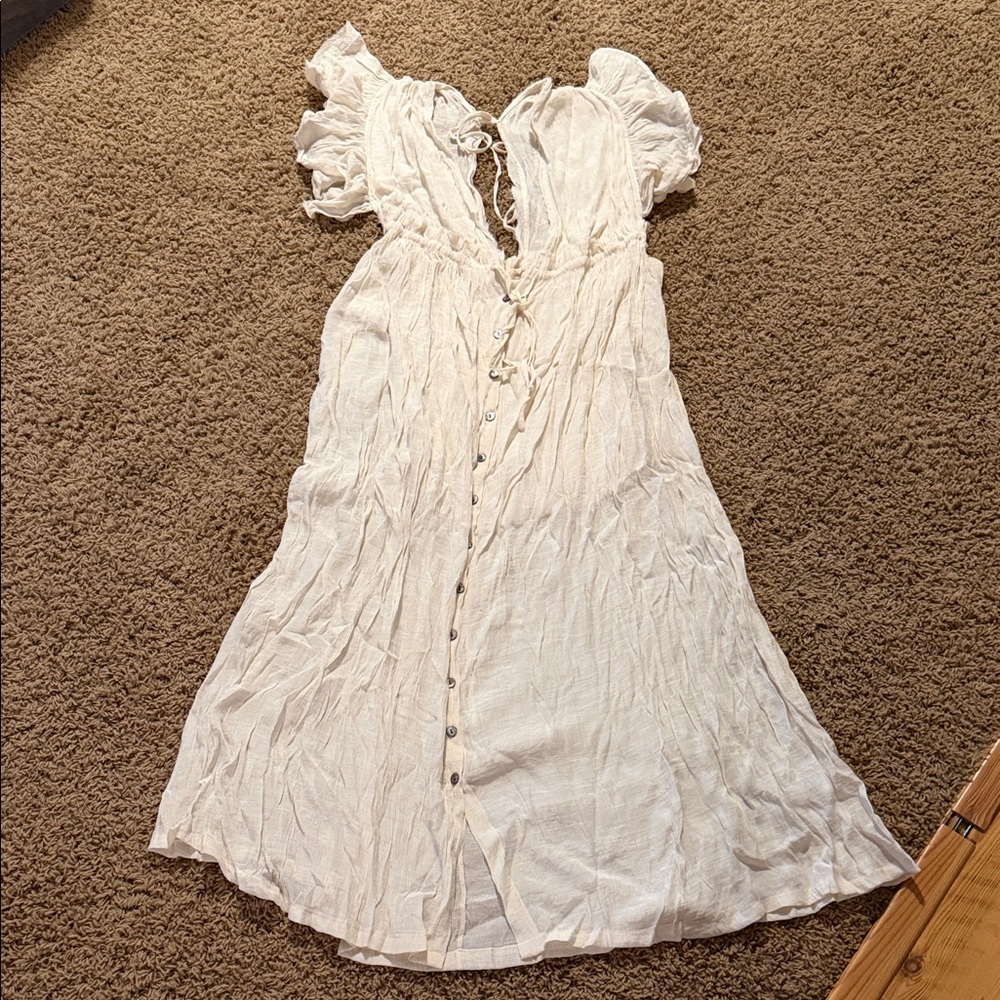Cream Button-Down Dress with Puff Sleeves